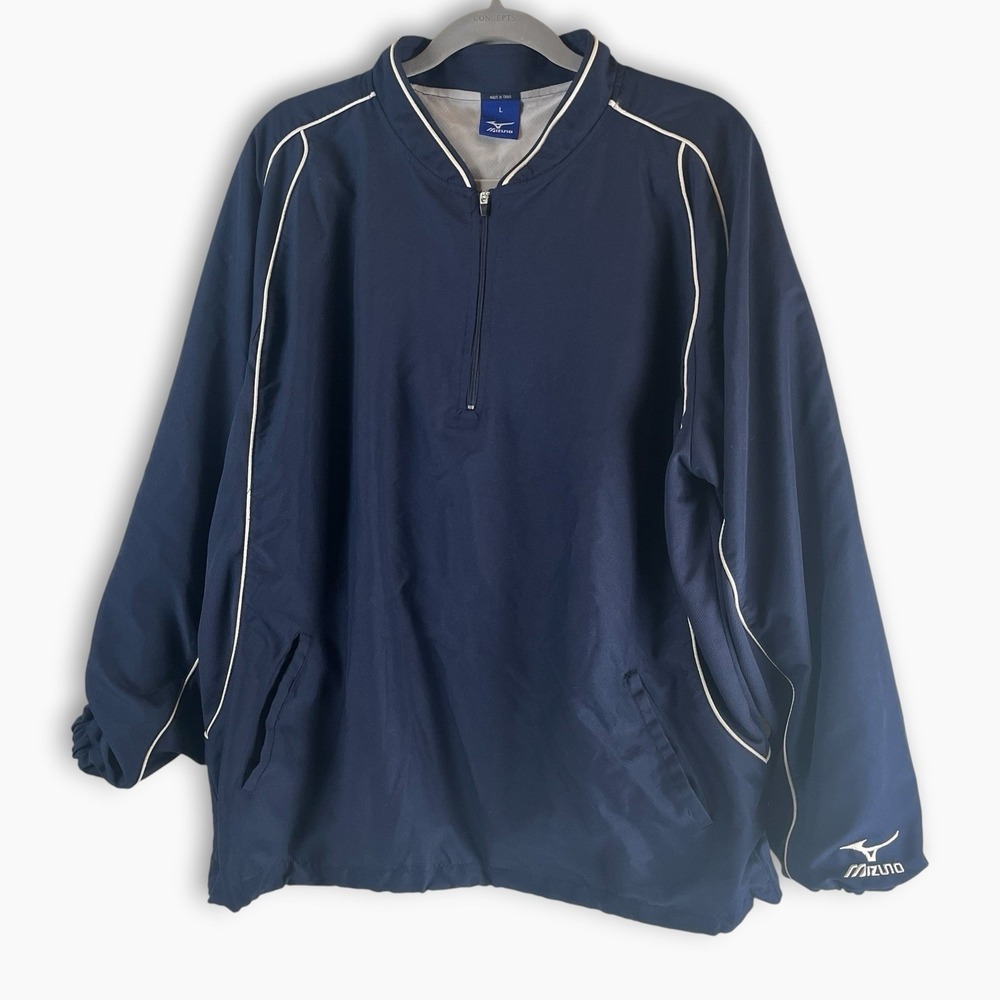 Mizuno Pullover Windbreaker Jacket Mens Large Navy Blue Logo 1/2 Zip Vented